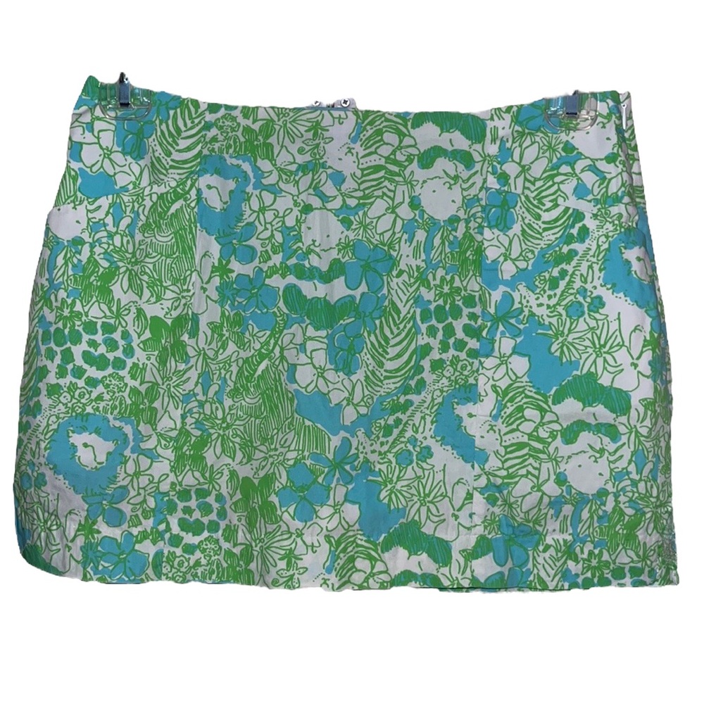 Lilly Pulitzer Green Blue White Floral Jungle Lion Giraffe Pattern Skort (2)